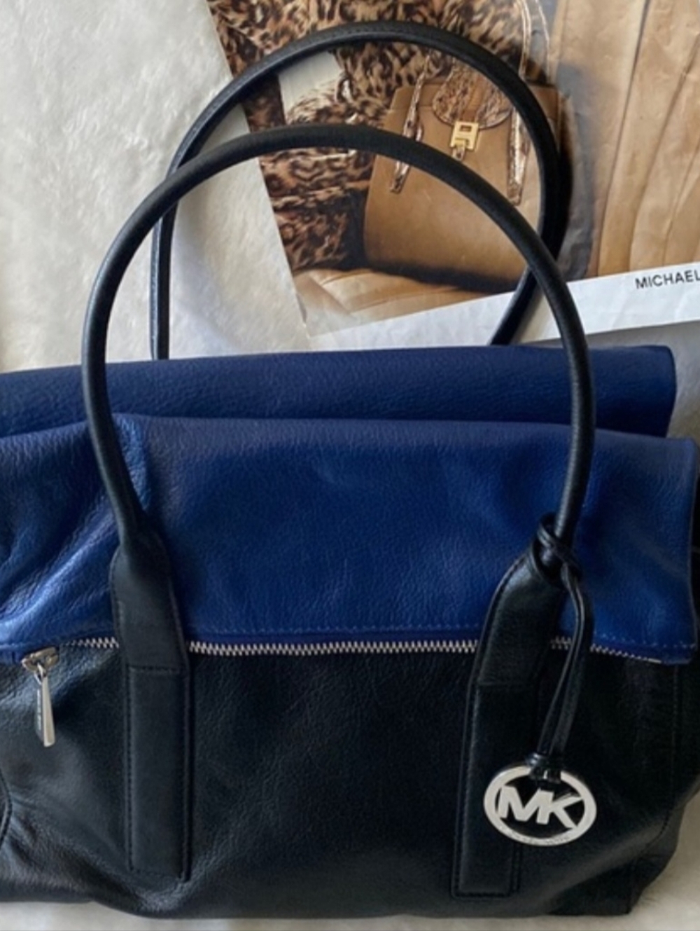 NWOT MICHAEL KORS TIPPI BLACK AND SAPPHIRE LEATHER SATCHEL, PURSE,HANDBAG